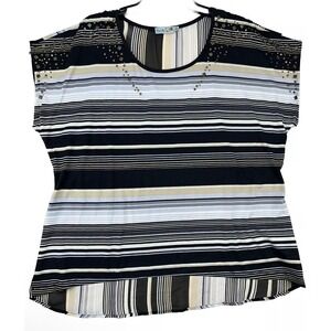 Unity World Wear Striped Embellished Women's Blouse Casual Top Black Beige 1X